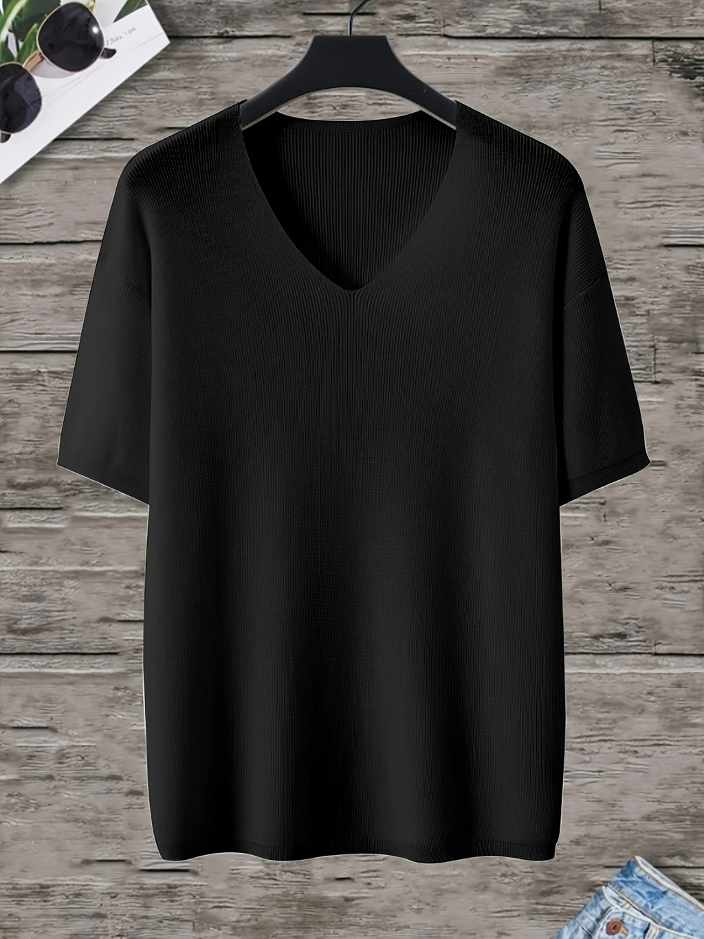 Men'S Loose-Fitting Short-Sleeve Pullover with a V-Neck And Dropped Shoulders, Knit - Black