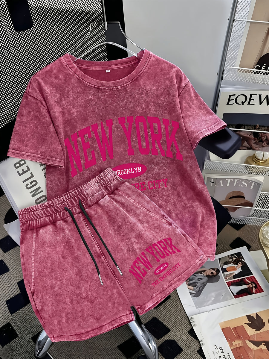 Summer Trendy Fashion Distressed Washed Short Sleeve Shorts with Drawstring Women'S Set NEW YORK City Letter Print American College Style (Varsity), New York Landmark Theme, Retro Style Comfortable for Hot Weather, Classic Silhouette for Styling - Red