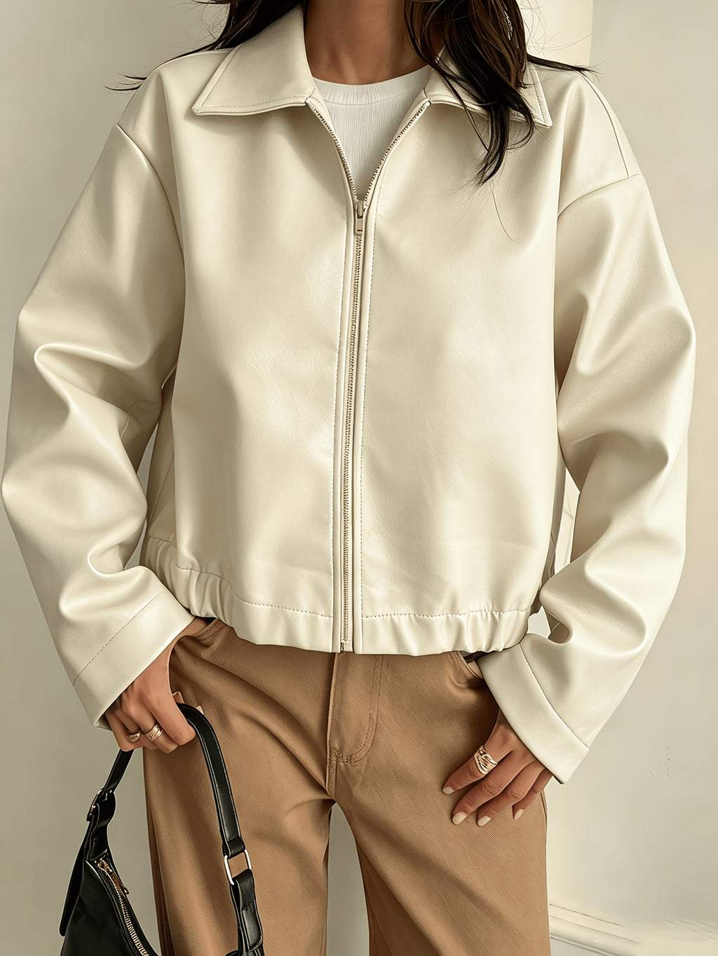Women's New Fashionable Casual Cool Jacket with Zipper and Lapel - Off-white
