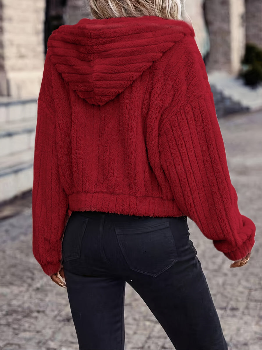 Solid Color Double-Sided Plush Zipper Hooded Cardigan, Women's Casual Plush Coat for Autumn and Winter - Brick Red
