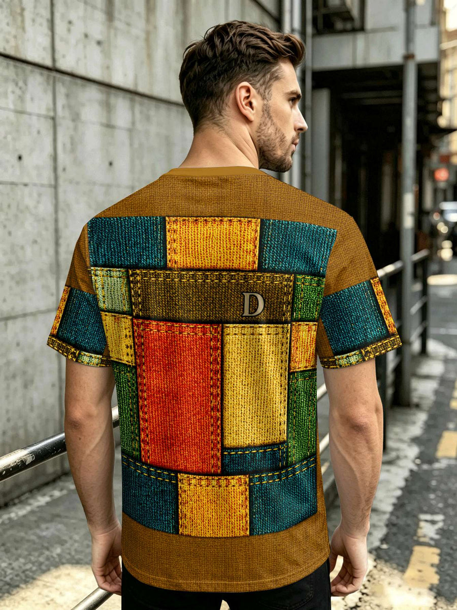 Patchwork Geometric Fabric Texture Pattern Crew Neck TShirt Unisex Casual Vintage Streetwear Relaxed Fit Travel Party Outdoor Daily Gym - Mixed colors