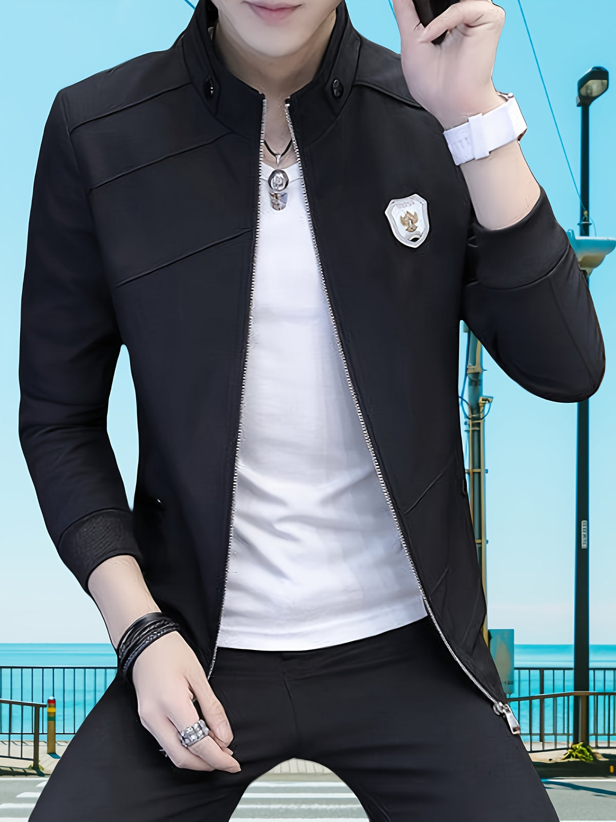Men's Slim-Fit Stand Collar Jacket - Elegant Beige Polyester with Black Accents, Casual Business Style for Spring and Fall, Stylish Layering Piece | Zipper Closure Jacket | Tailored Fit - 10602 Badge - 888 Black