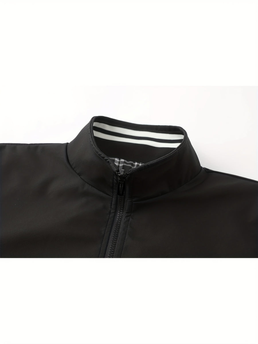 Spring/Autumn New Men's Flight Jacket, Casual Versatile Ribbed Hem Lightweight Stand Collar Coat - Black