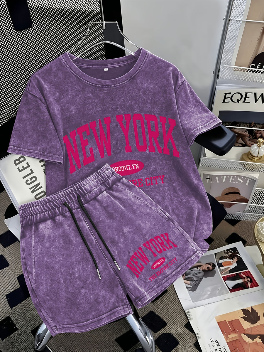 Summer Trendy Fashion Distressed Washed Short Sleeve Shorts with Drawstring Women'S Set NEW YORK City Letter Print American College Style (Varsity), New York Landmark Theme, Retro Style Comfortable for Hot Weather, Classic Silhouette for Styling - Dark Violet