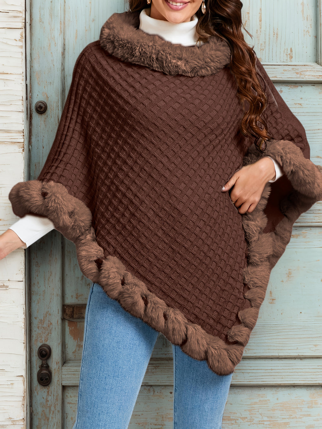 Elegant Special Edition "Pure Body Bust" - 1pc Elegant Women's Solid Color Waffle Shawl Pullover, 100% Polyester Fiber, Faux Trim Collar Patchwork, Stylish and Elegant European/American Style Warm Pullover, Suitable for Autumn/Winter - Coffee Color