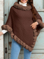 Elegant Special Edition "Pure Body Bust" - 1pc Elegant Women's Solid Color Waffle Shawl Pullover, 100% Polyester Fiber, Faux Trim Collar Patchwork, Stylish and Elegant European/American Style Warm Pullover, Suitable for Autumn/Winter - Coffee Color