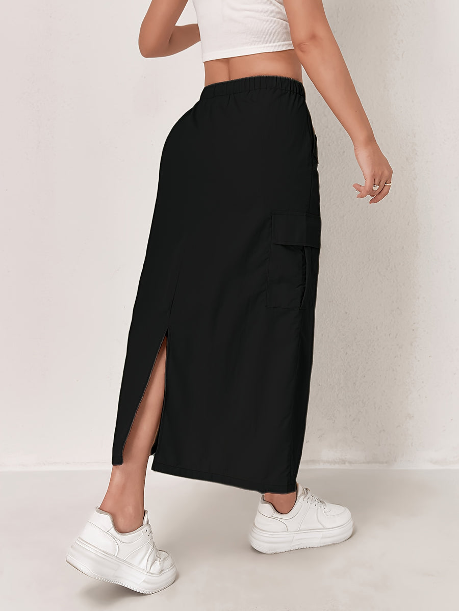 Outdoor Quick-Dry Cargo Skirt Button Design High-Waist Casual Women'S Half Skirt Multi-Pocket Machine Washable Mid-Length Dress - Black