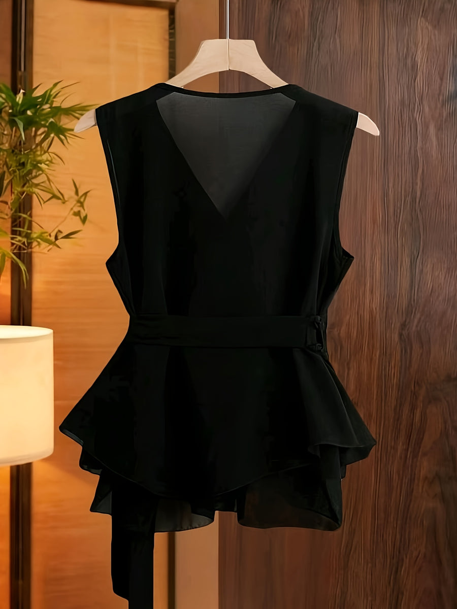Elegant V-Neck Sleeveless Chiffon Waist-Cinching Bow Ruffled Hem Women'S Blouse - Black