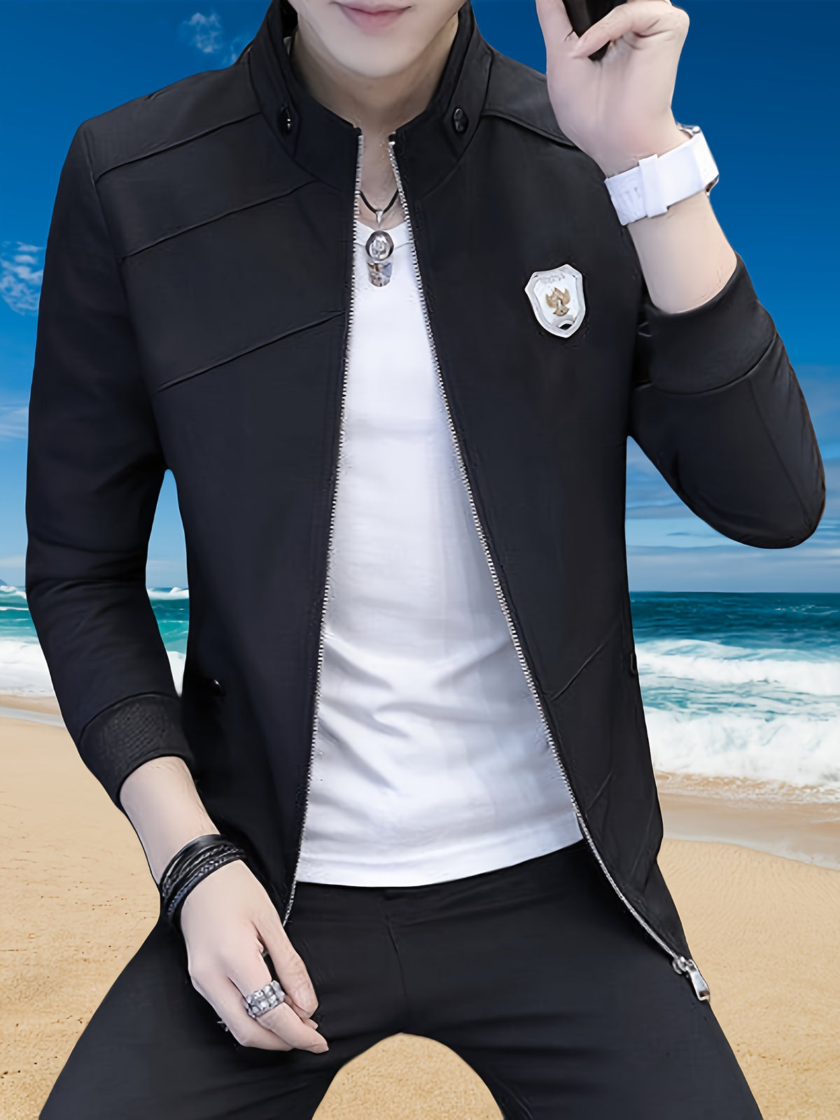 Men's Slim-Fit Stand Collar Jacket - Elegant Beige Polyester with Black Accents, Casual Business Style for Spring and Fall, Stylish Layering Piece | Zipper Closure Jacket | Tailored Fit - 10602 Badge - 888 Black