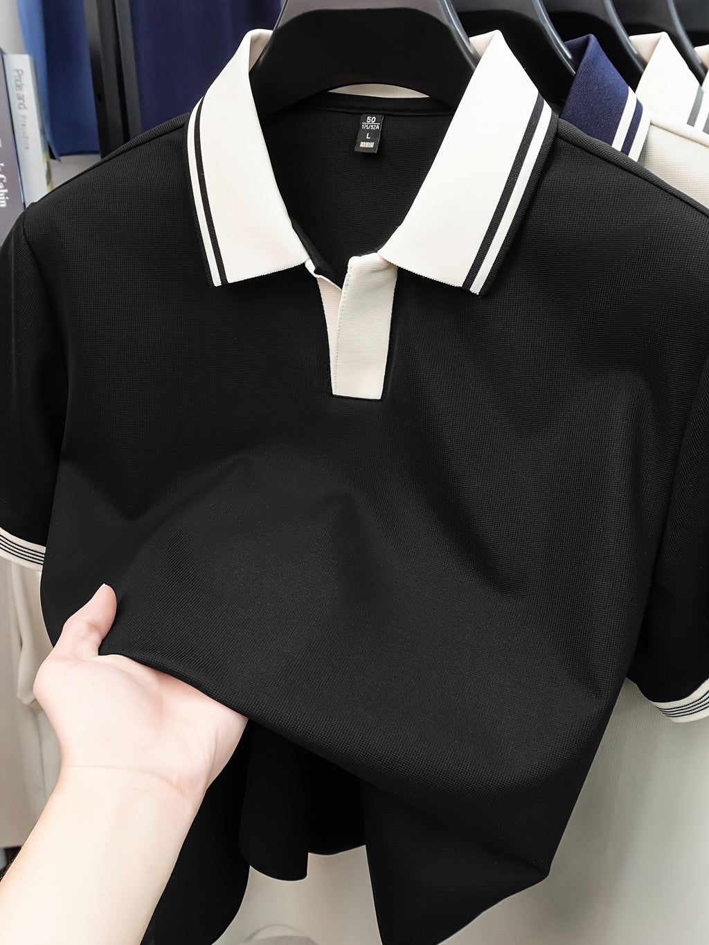 New Summer V-Neck Buttonless Lapel High-Stretch Short-Sleeve Men's T-Shirt, Fashionable Casual Sport Quick-Dry Men's Shirt, Skin-Friendly and Cool, Y Smooth Breathable Men's Top TX16215 - Black