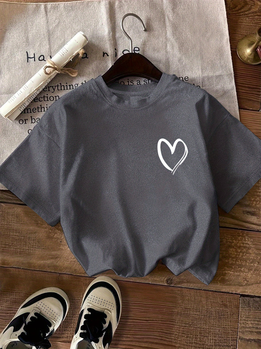 Pattern Print Short Sleeve, Casual Round Neck T-Shirt, Standard Size Women's - Dark Gray