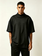 Men's Waffle Knit T-Shirt 2pcs Set - Short-Sleeve Half-Turtleneck Base Layer & Outerwear, Loose Fit Round Neck Suitable for Summer, Machine Washable Solid Color Casual Shirts for Layering, Layered Outfits - Black