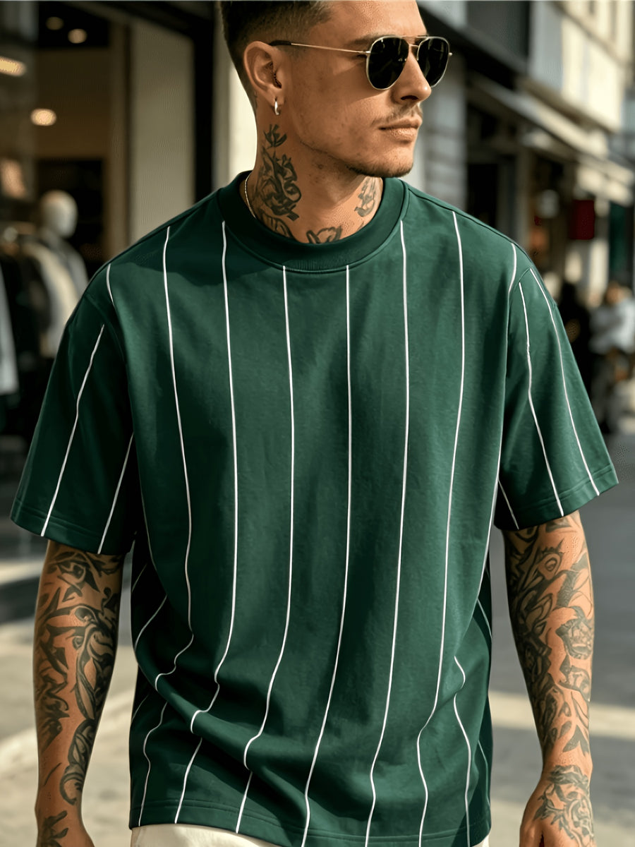 [Printed Design-Not Textured] Easy Dark Green Pinstripe Basic Men'S Short Sleeve 2026 New Summer Atmospheric Casual Top Suitable for Home And Outdoor All-Match - Mixed colors