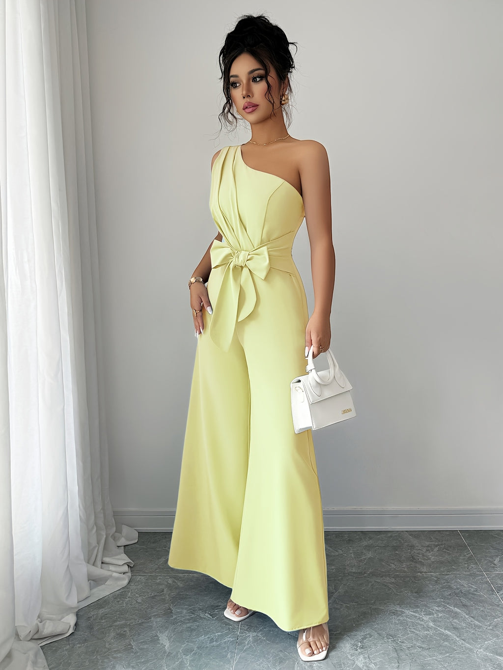 Women' Yellow Off-Shoulder A-Line Midi Dress with Belt & Bow Waist Tie - Belted Pockets Suitable for Party Wedding Guest Dress, Machine Washable Solid Color Dress for Year-Round Wear - Yellow