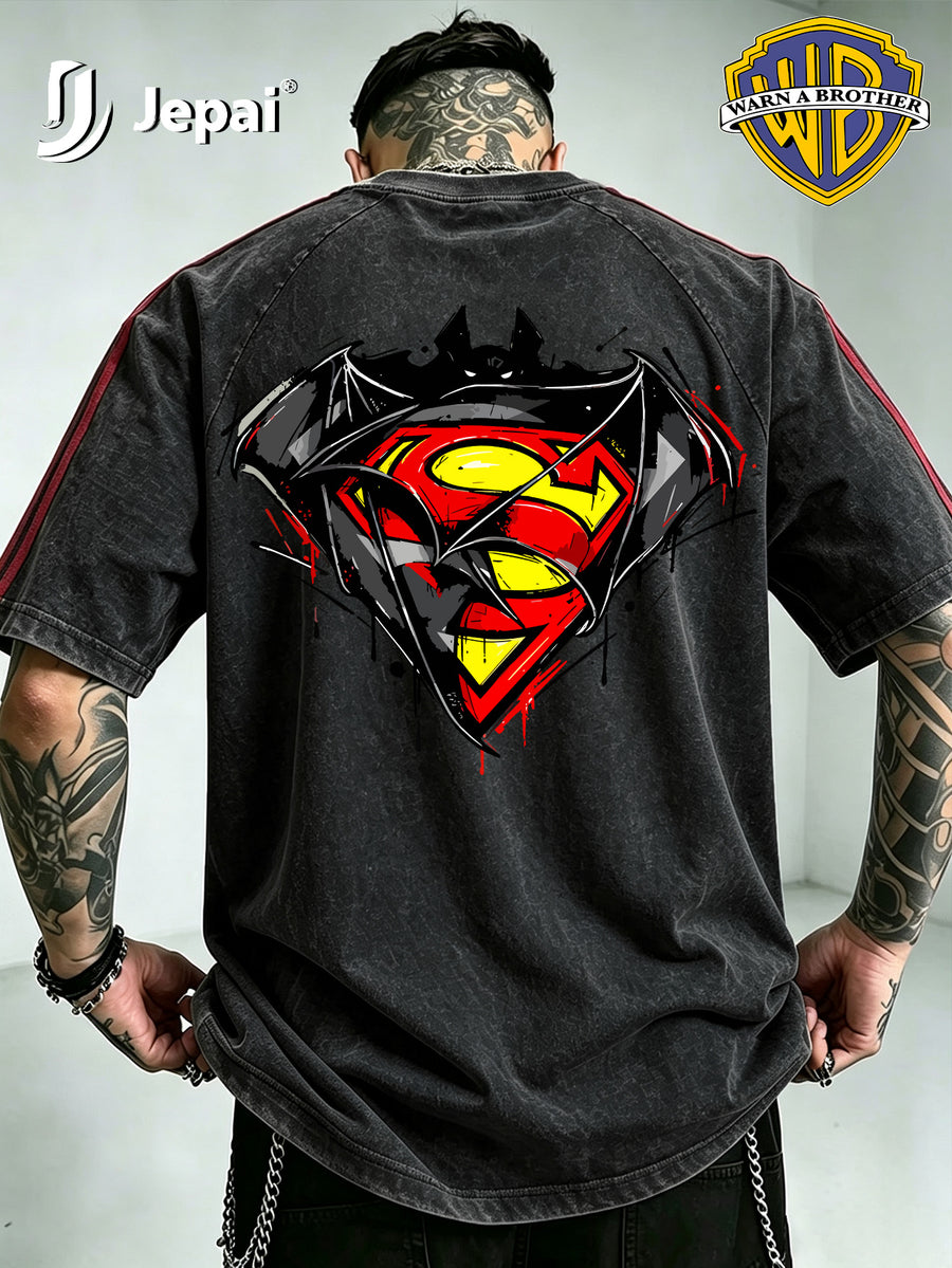 Official Warner Bros. Product, Hip-hop High Street DC Superman Batman Logo Print Stripe T-shirt, Loose Drop-shoulder Style Casual Summer Top, Machine Washable, Suitable for Daily Wear and Themed Events - Black