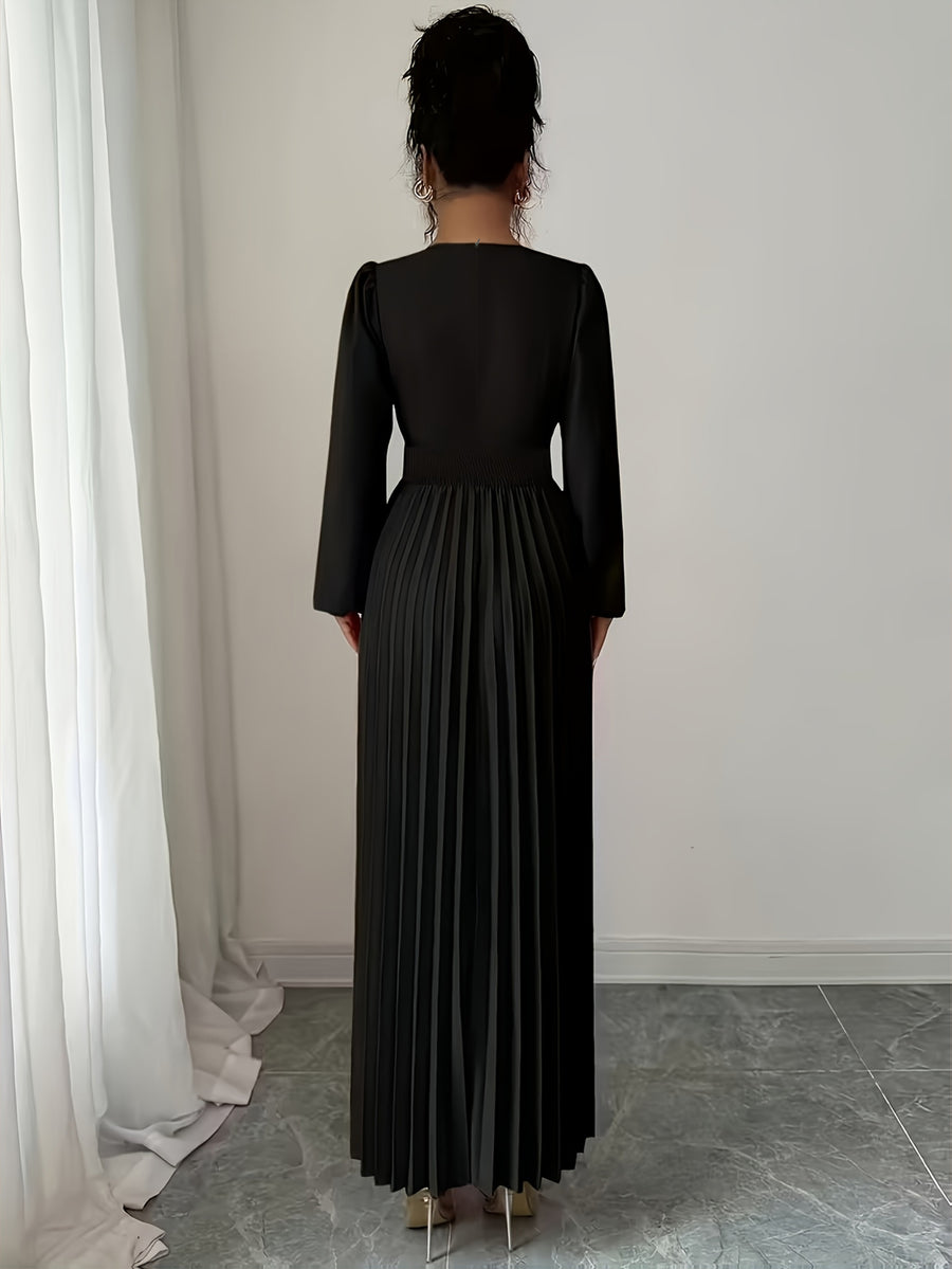 Solid Color V-Neck Long Sleeve Draped Hem Elegant Maxi Dress - Black
