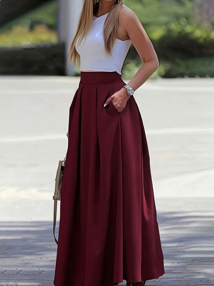 Women'S Solid Color Long Skirt | Casual High-Waist A-Line Skirt with Flowy Design for All Seasons - Burgundy