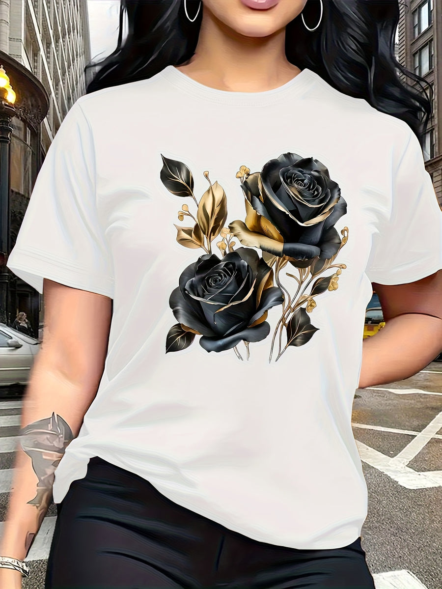 A Stylish And Breathable T-Shirt Featuring a Luxurious Vintage Design with a Black And Golden Rose Pattern, Perfect for Family Trips, Campus Events, Casual, Daily Commutes, Matching Outfits for Sisters, And Versatile Wear - White