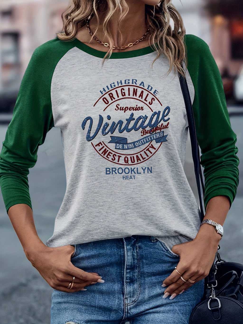 Brooklyn Vintage Pattern Design European and American Style Women's Daily Versatile Comfortable Casual Color-Blocked Crew Neck Raglan Long Sleeve T-Shirt - Light Gray Green
