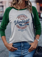 Brooklyn Vintage Pattern Design European and American Style Women's Daily Versatile Comfortable Casual Color-Blocked Crew Neck Raglan Long Sleeve T-Shirt - Light Gray Green