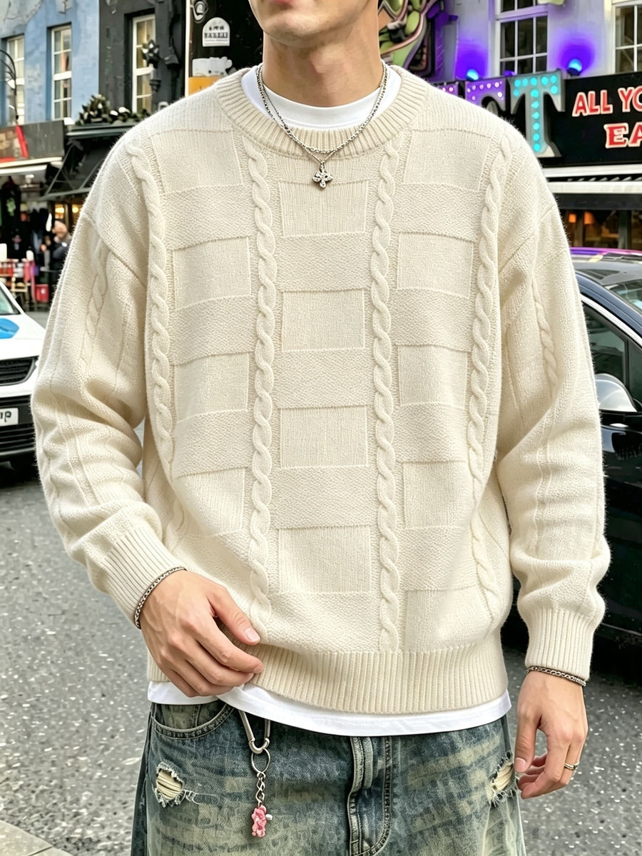 Autumn Winter Men'S New Casual Loose Easy Checkered Twisted Rope Pattern Vintage American Commute All-Match Knit Long Sleeve Round Neck Pullover Top - Apricot
