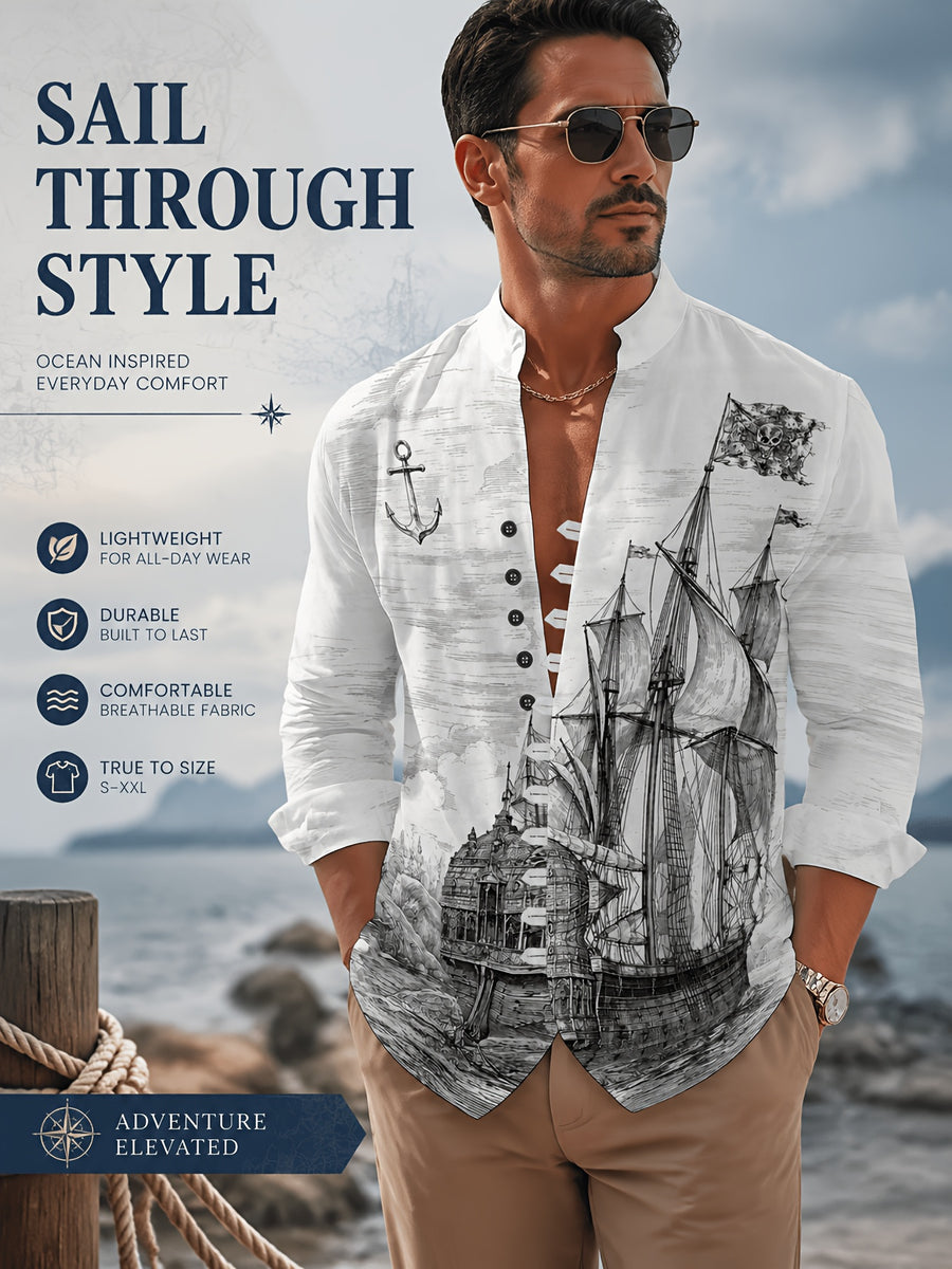 Men's 11-Row Button Long Sleeve Shirt Nautical Sailboat Print Stylish Stand Collar Casual Top Spring Autumn New Fashion Trendy Handsome Women's Clothing - Mixed colors