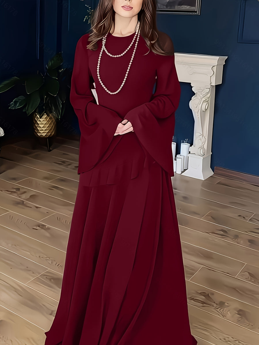 [Ramadan] Spring Summer Autumn New Soft Elegant Ruffled Temperament Trumpet Long Sleeve Dress [LL168] - Burgundy