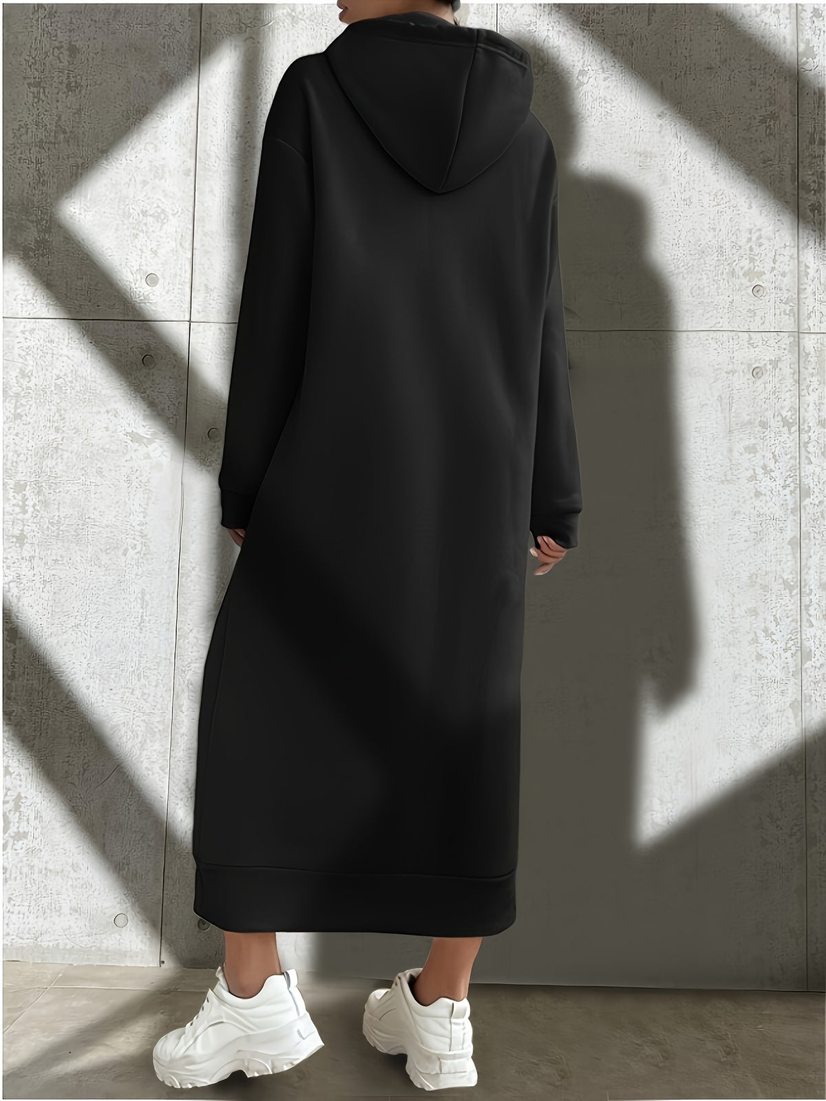 Womens Chic Hooded Drawstring Dress - Casual Long Sleeve Loose Fit - Comfortable & Versatile Solid Color - Perfect for All Season - Black