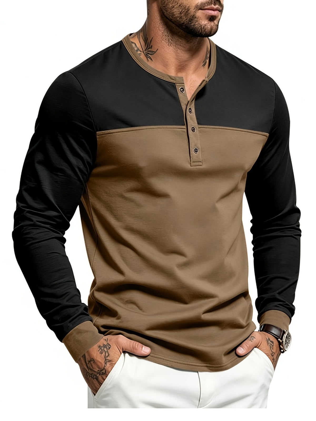 Men's Long Sleeve Henley T Shirt, Color Block Button Placket Pullover Top Loose Fit Casual Tee, Workout Sports Daily Commute Fall Mens Clothing - Black Brown