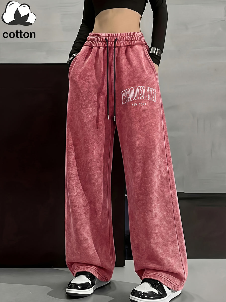 Women's High-Waisted Wide-Leg Pants | Wide-Leg Trousers with "Brooklyn New York" Print | Washed Elastic Drawstring Street Style Pants - Red