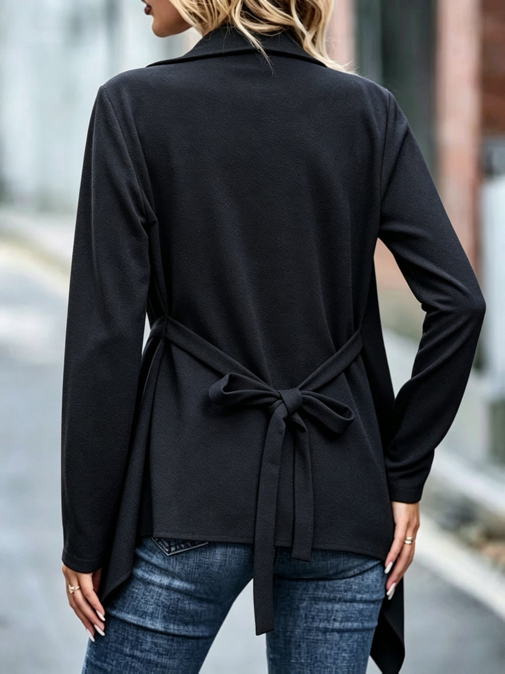 Women'S Waterfall Lapel Cardigan, Soft Fabric, Belted Waist, Irregular Asymmetrical Hem, Long Sleeves, Open Front Design, Casual Coat, Elegant Daily Commuter Coat, Can Be Paired with Jeans - Black
