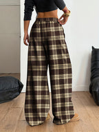 Women'S Plaid Wide-Leg Pocket Drawstring Casual Fashion Fall Winter Trousers - Coffee Brown