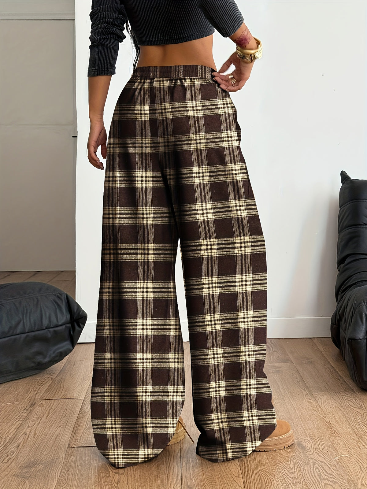 Women'S Plaid Wide-Leg Pocket Drawstring Casual Fashion Fall Winter Trousers - Coffee Brown