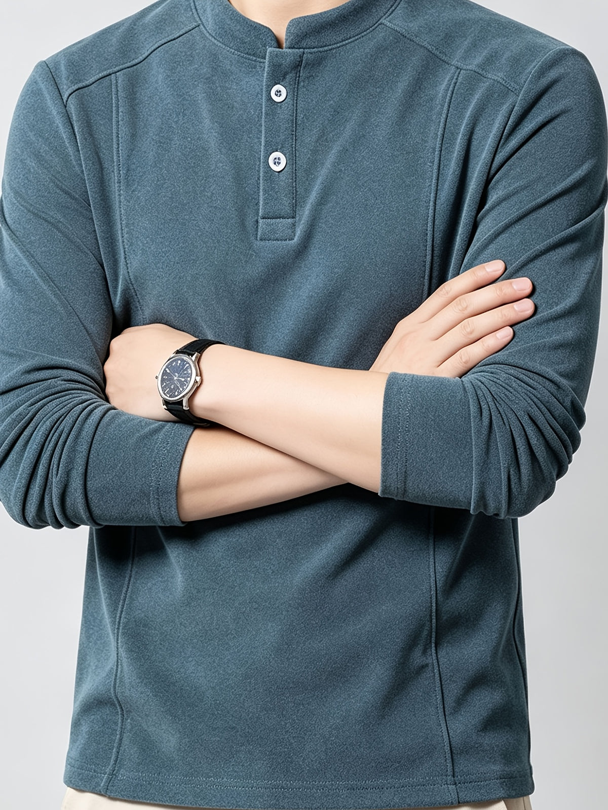 Men's Henley Neck Long Sleeve Base Layer Shirt, Slim Fit but Not Tight, Suitable for Middle-Aged Men, with a Light Business-Casual Vibe. -SINBOS - Blue Grey