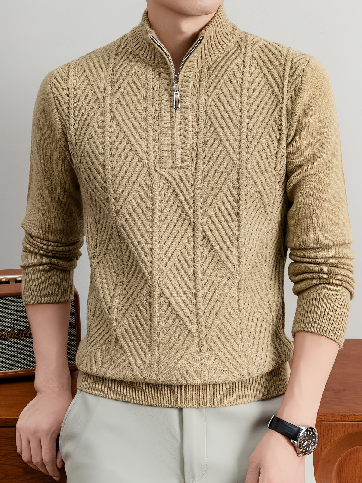 Men's Half-Zip Stand Collar Sweater with Zippered Panel & Striped Jacquard Knit - Warm Winter Pullover, Stretchable Stand Collar Suitable for Casual Office Wear, Layering Top, Hand Washable Regular Fit Blazer Compatible - Camel