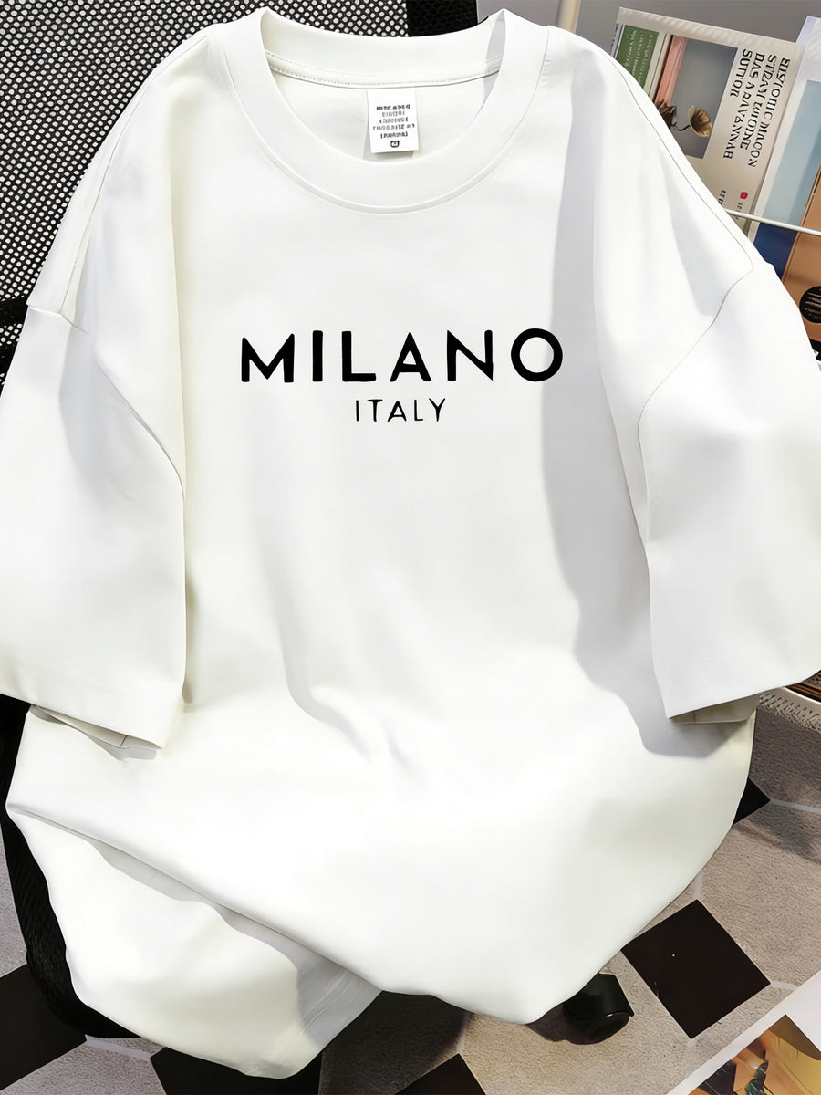 American Vintage Short-Sleeve T-Shirt with Letter Print from Milano, Italy, Featuring a Minimalist Ins Style, Loose Fit, Casual Top for Women, Perfect for High Street And Versatile Fashion - White