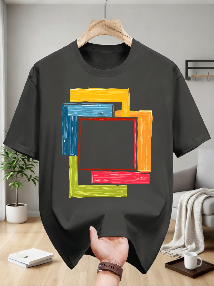 2026 Men'S Casual Short Sleeve T-Shirt with Hand-Painted Multi-Color Square Pattern Design - Summer Round Neck Tee Suitable for Beach, Picnic, And Casual Wear - Hand Washable Art Top, Regular Fit, 100%, Machine Washable, Sizes S-2XL - Space Gray