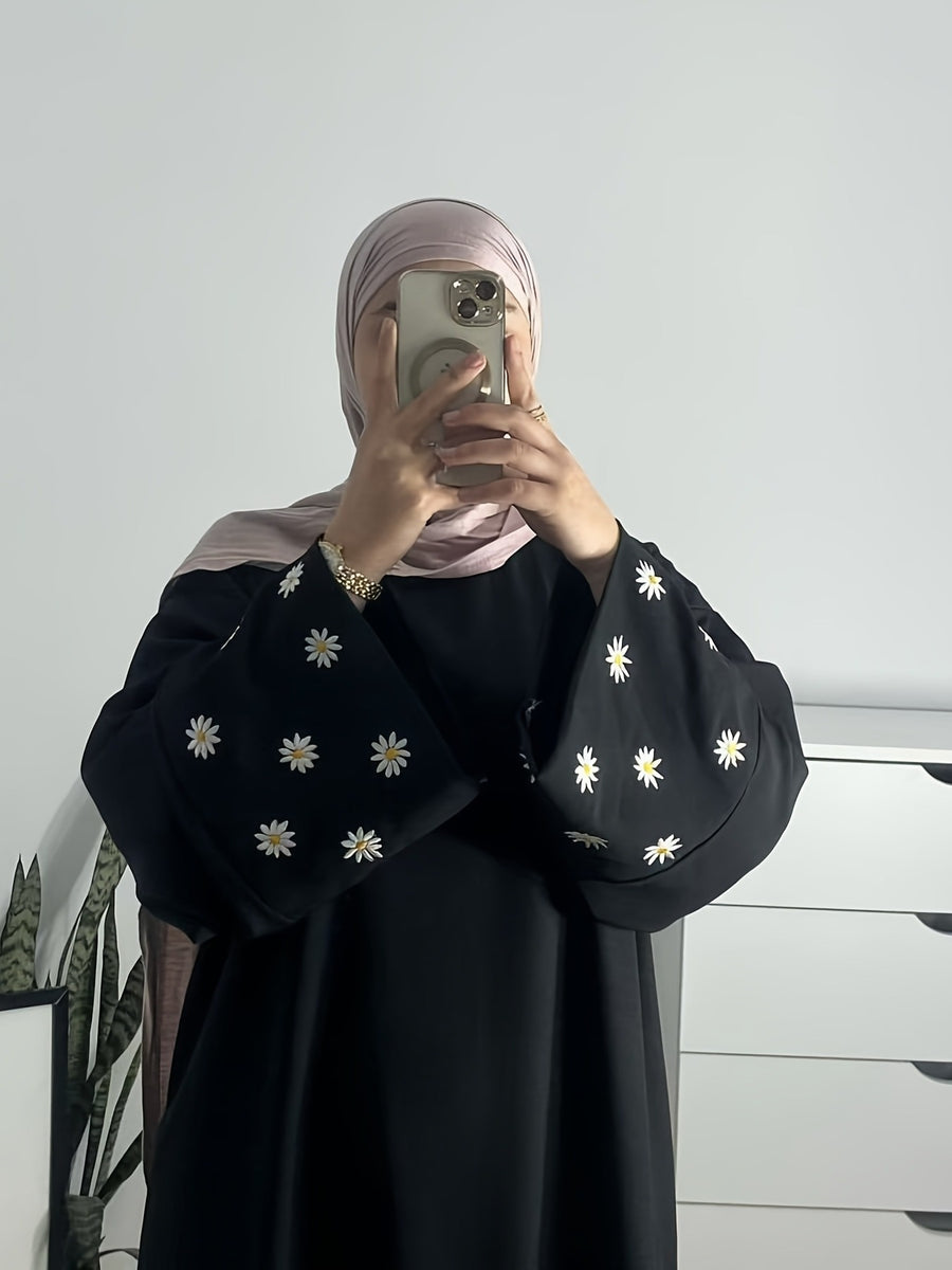 1pc (Headscarf Not Included) Elegant Cute Cuffed Small Daisy Embroidery Dress, Fashionable, Elegant, And Casual Abaya Dress with Embroidered Small Chrysanthemums at The Cuffs, No Scarf, Solid Color, Suitable for Daily Wear - Black