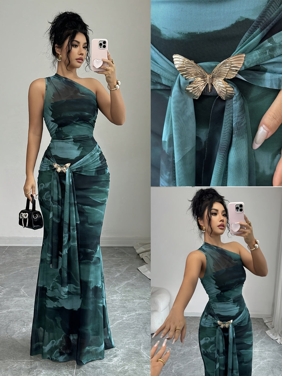Elegant Smudge-effect Slim-fit Dress for Women, Spring/summer Daytime Party Attire – Asymmetrical Shoulder Sleeveless Mesh Slim-fit Style, Adorned with Metallic Butterfly Embellishments - Malachite Green