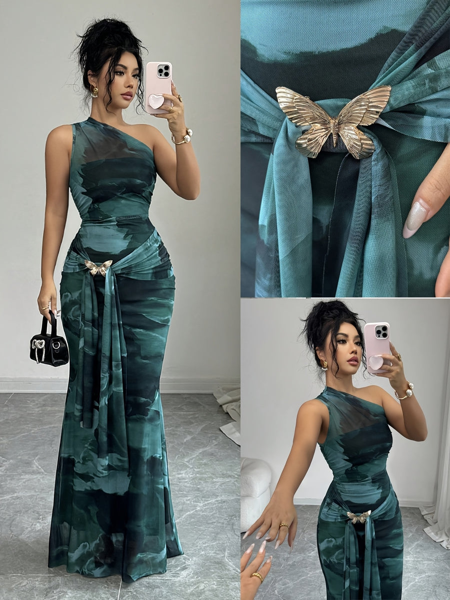 Elegant Smudge-effect Slim-fit Dress for Women, Spring/summer Daytime Party Attire – Asymmetrical Shoulder Sleeveless Mesh Slim-fit Style, Adorned with Metallic Butterfly Embellishments - Malachite Green