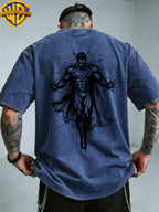 Authorized by Warner Bros., Superman Sketch Line Back Print, American Retro Washed Distressed T-Shirt, Unisex, Machine Washable, Suitable for Daily Commute And Outdoor Wear - Royal Blue
