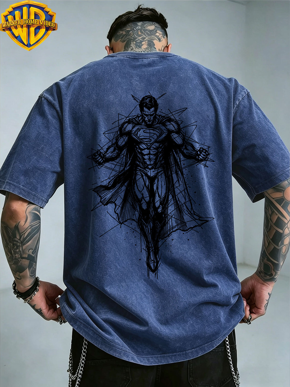 Authorized by Warner Bros., Superman Sketch Line Back Print, American Retro Washed Distressed T-Shirt, Unisex, Machine Washable, Suitable for Daily Commute And Outdoor Wear - Royal Blue