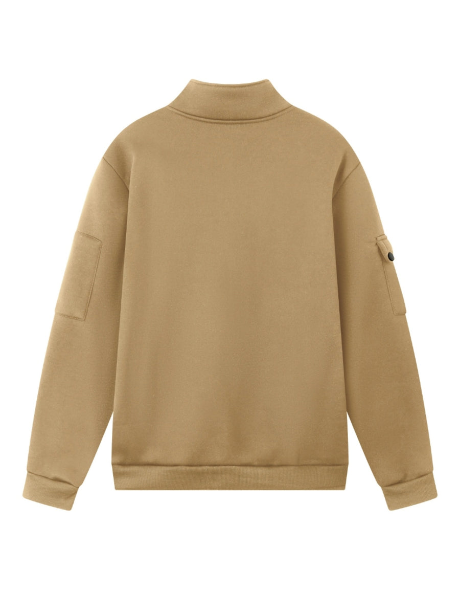 Spring and Autumn Men's Half-Zip Sweatshirt with Print, Loose Fit, Stand-Up Collar, Casual Sport Pullover - Khaki