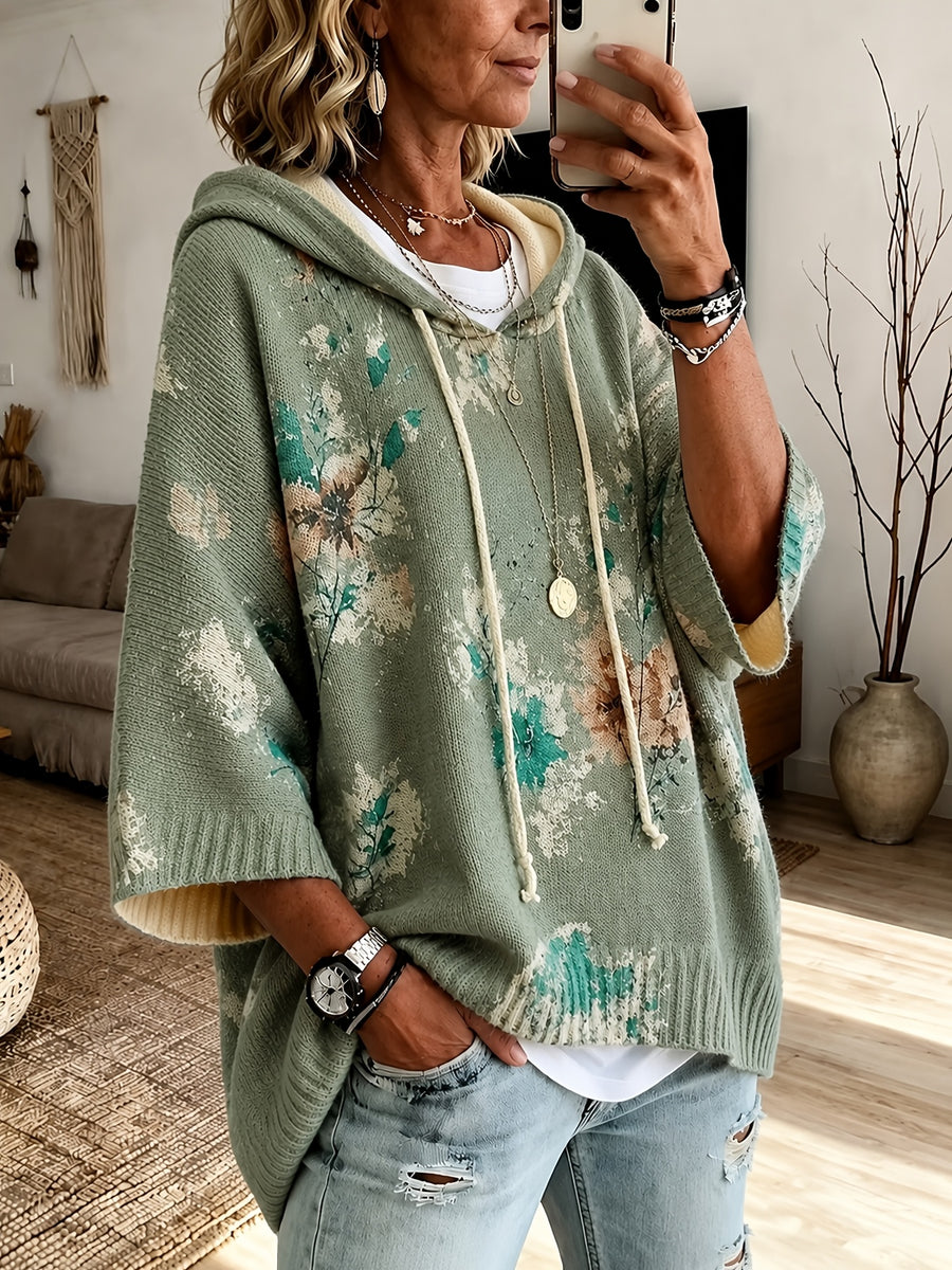 2026 Women'S Fall Winter Vintage Floral Print Hooded 3/4 Sleeve Cape Sweater Top with Drawstring Design, Lazy Style Fashion Versatile Casual Commute Vacation Pullover Top Women'S Clothing - Olive