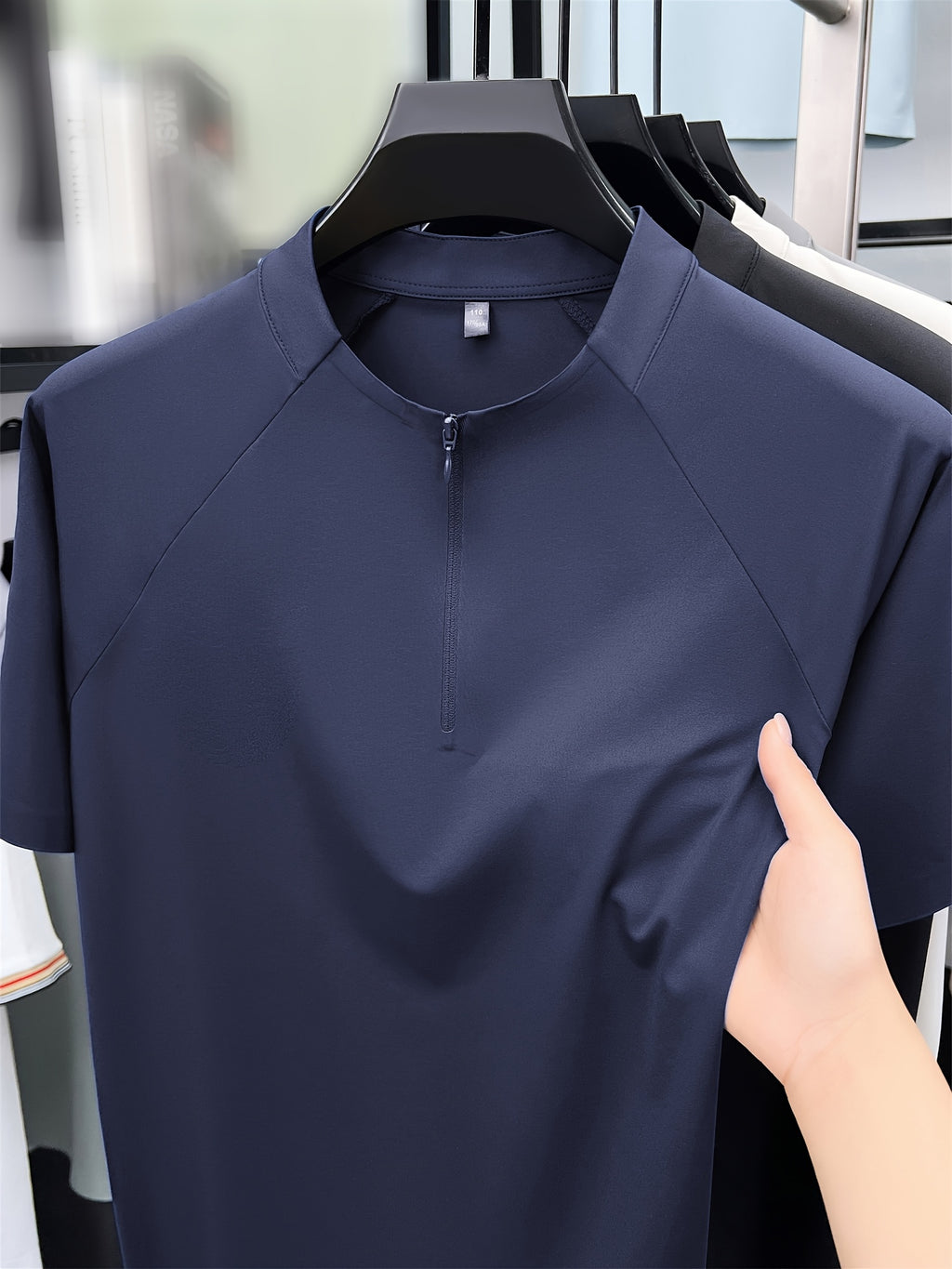 New Summer Men's Short-Sleeve Henley Shirt, Half-Zip Stand Collar Raglan Solid Color Top, Versatile Multi-Color Men's Apparel for Business Commuting, Outdoor, Fitness, Golf, Men's Gift - Navy Color