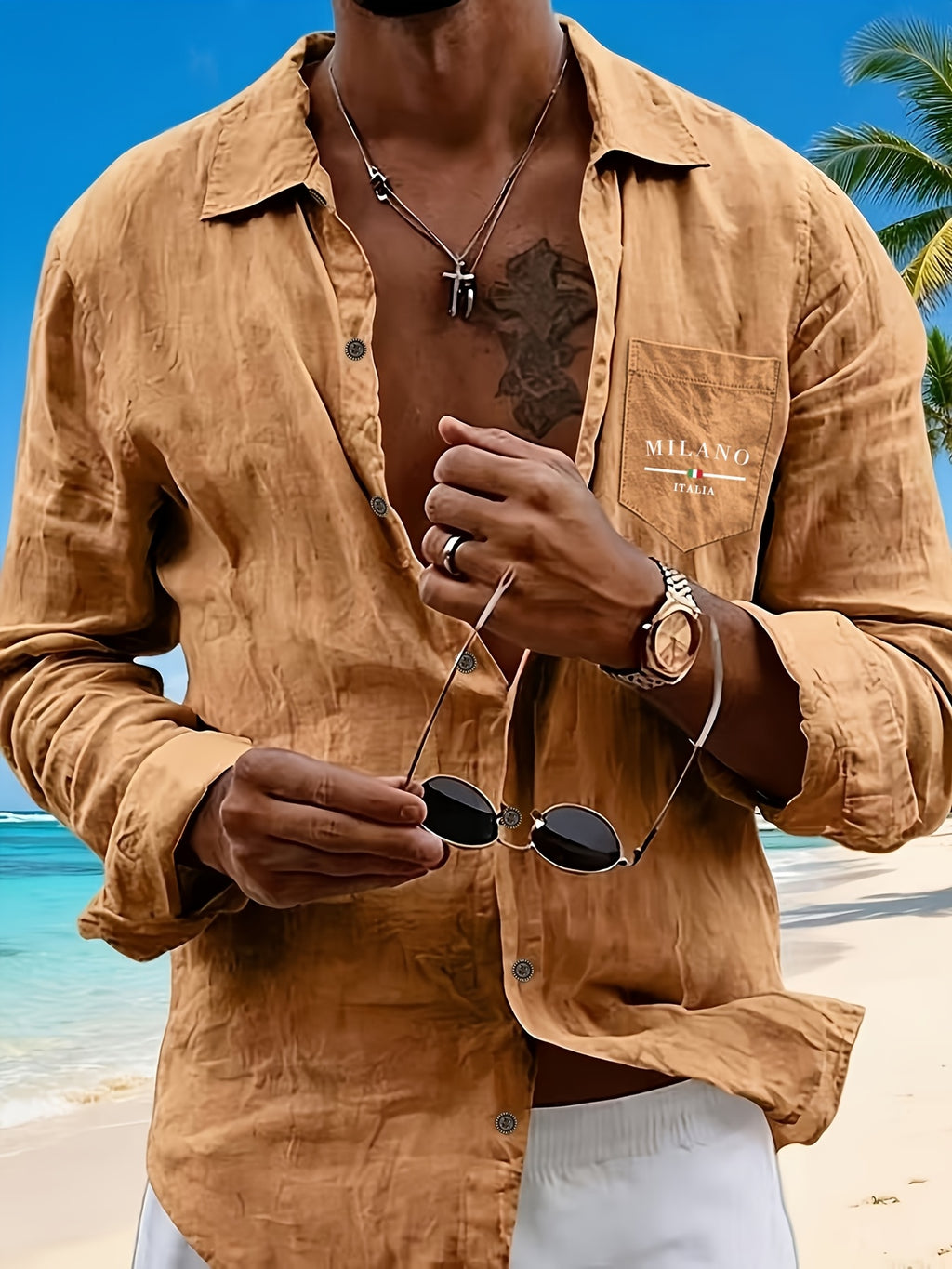 Men's Henley Shirt in Linen with Long Sleeves, Featuring Comfortable and Breathable Fabric with Trendy Printed Designs. Suitable for Daily Outings, Outdoor Sports, Travel, and Vacations. Lightweight and Breathable with a Regular Fit, Chest Pocket - Light Brown-1