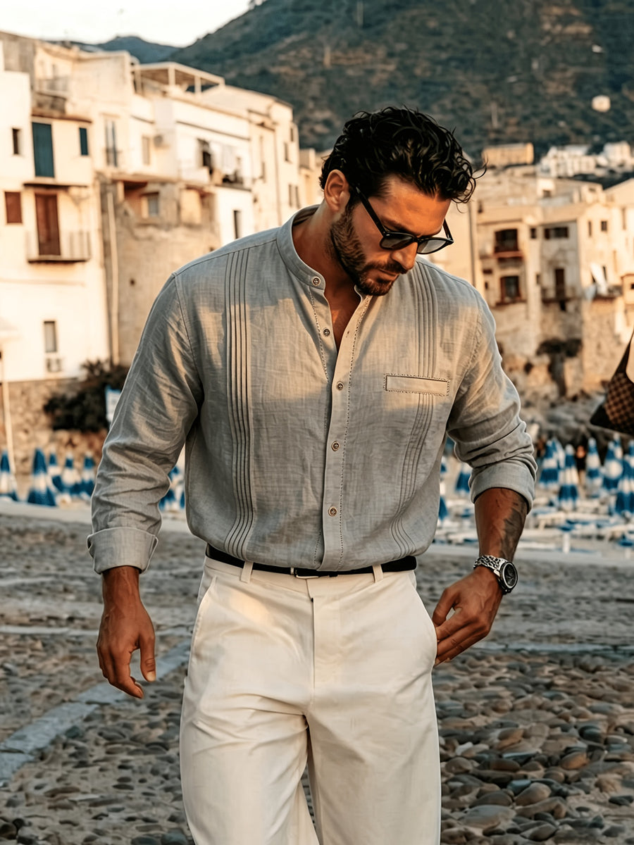 Men's Lightweight Breathable Linen Shirt with Stand-Up Collar & Roll-Up Sleeves - Retro Button-Front Suitable for Beach Vacation, Commuting, Casual Wear, Symmetrical Pleats, Single Pocket, Machine Washable Summer Top (Gift Selection) - Grey