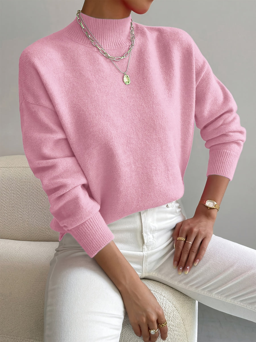 Women's Solid Color Elegant Mock Neck Long Sleeve Drop Shoulder Pullover Sweater - Pink Color