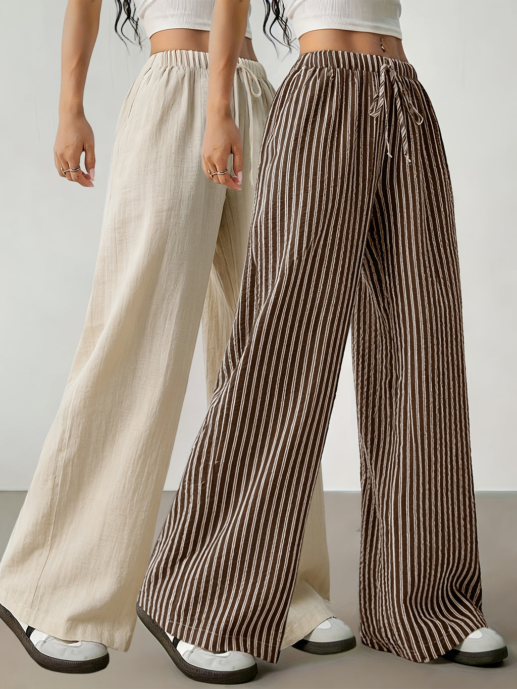 2pcs Summer Women'S New Linen Synthetic Wide-Leg Pants Women'S High-Waist Drapey Loose Vacation Style Straight Casual Trousers Striped Solid Color Drawstring Floor-Length Pants Commute All-Match Women'S Trousers - Apricot color + coffee stripes