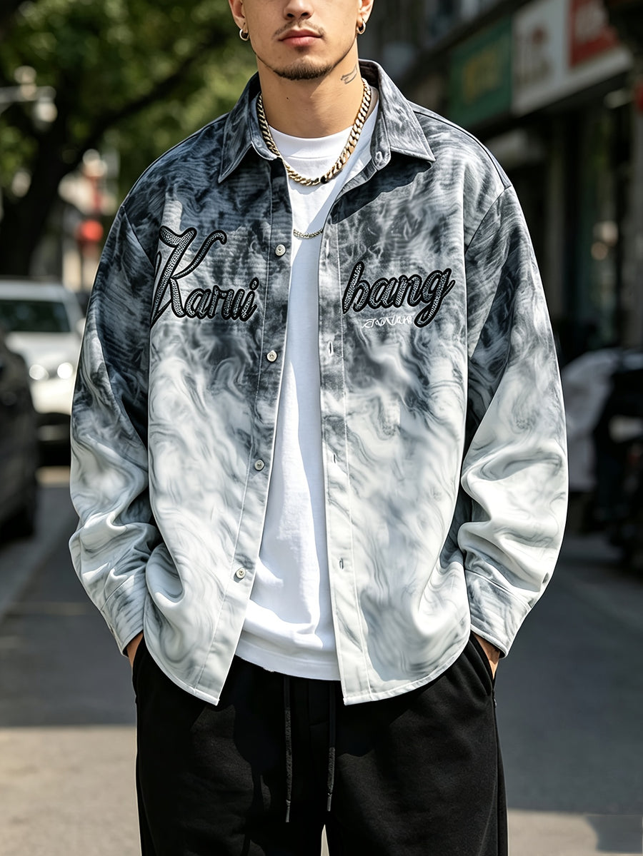 Spring/Autumn New Arrival Men's Trendy Fashion Lapel Shirt Jacket with Letter Pattern, Irregular Long Sleeve Cardigan Trench Coat, Couple's Jacket - Black.